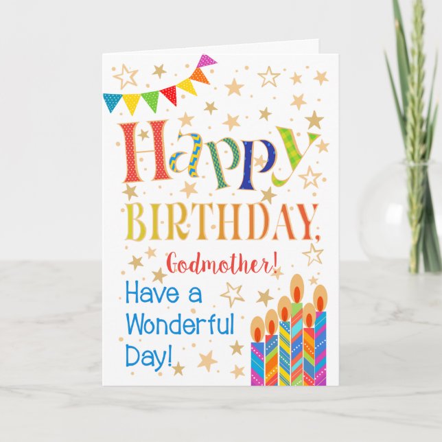 Stjärnor, buntning, ljus för Godmoder Birthday Kort (Framsida)