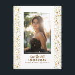 Stjärnor Celestial QUINCEANERA Spara datumet Foto Meddelande Vykort<br><div class="desc">Celestial natt himmel Quinceañera Spara datum Foto Postkort i Elegant Vita och Guld Färger</div>