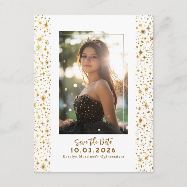 Stjärnor Celestial QUINCEANERA Spara datumet Foto Meddelande Vykort (Framsida)