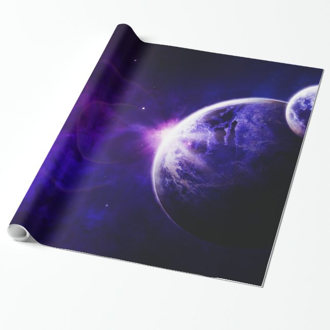 Stjärnor för utrymmegalaxplanet i lilablått tonar presentpapper (Utrullad)