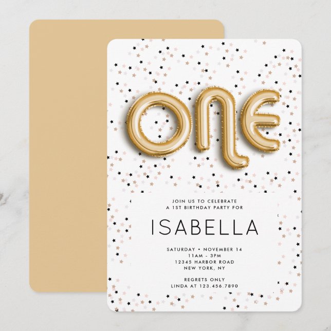 Stjärnor i guldfärgad ballong typ 1: a födelsedag inbjudningar (Fram/baksida)