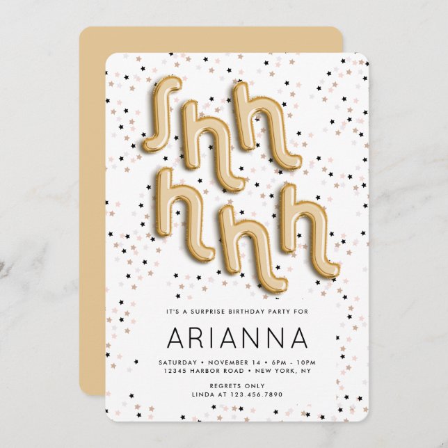 Stjärnor i guldfärgad eldballontyp - födelsedag inbjudningar (Fram/baksida)