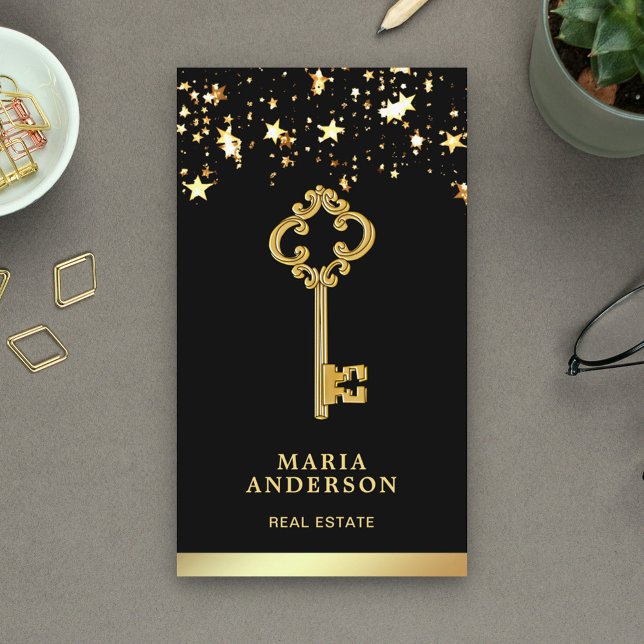 Stjärnor Konfetti Chic Guld Antik Nyckel Fastighet Visitkort (Skapare uppladdad)