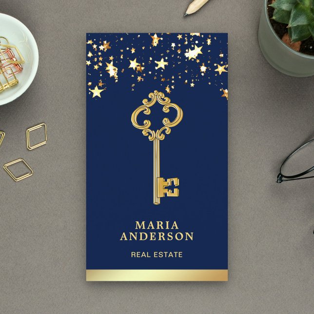 Stjärnor Konfetti Chic Guld Antik Nyckel Fastighet Visitkort (Skapare uppladdad)