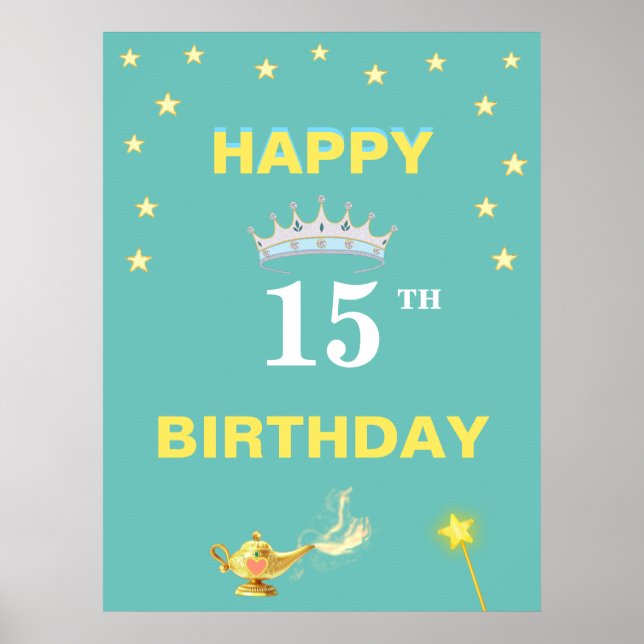 Stjärnor, Krona Tiara och Magic Lamp 15:e födelsed Poster (Framsidan)