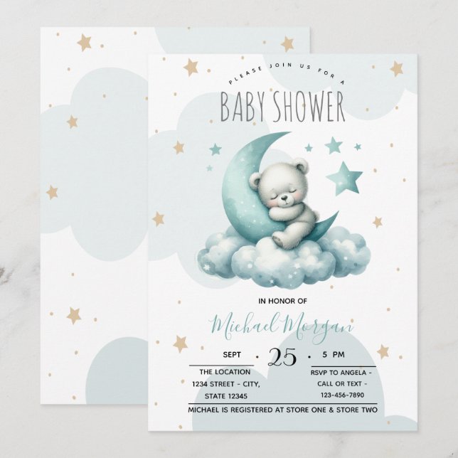Stjärnor Måne Moln Grön Teddybjörn Baby Shower Inbjudningar (Fram/baksida)