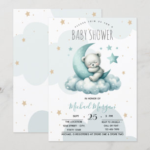 Stjärnor Måne Moln Grön Teddybjörn Baby Shower Inbjudningar