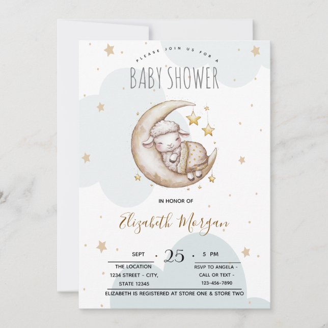 Stjärnor Måne Moln Litet Får Baby Shower  Inbjudningar (Framsida)