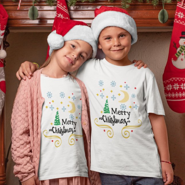 Stjärnor, Måne, Snöflingor och God jul Kids T Shirt (Stars, Moon, Snowflakes, and Merry Christmas Kids T-Shirt)