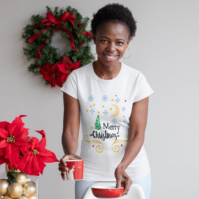 Stjärnor, Måne, Snöflingor och God jul Kvinnor T Shirt (Stars, Moon, Snowflakes & Merry Christmas Women's T-Shirt)