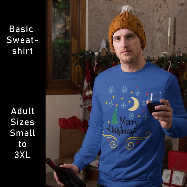 Stjärnor, Måne, Snöflingor och God jul Lång Ärmad Tröja (Stars, Moon, Snowflakes, and Merry Christmas Sweatshirt)
