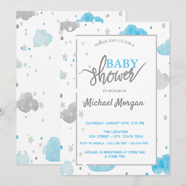 Stjärnor & Moln  Baby Shower Inbjudningar (Fram/baksida)