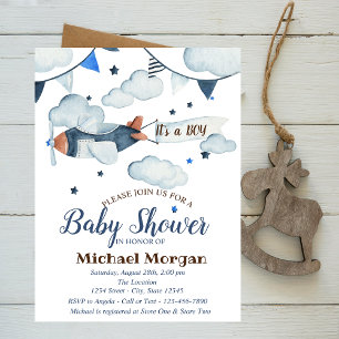 Stjärnor,Moln,Flygplan Baby Shower Inbjudningar