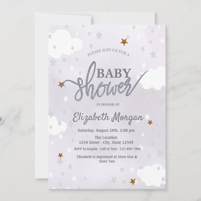 Stjärnor & Moln Lavendel Baby Shower Inbjudningar (Framsida)