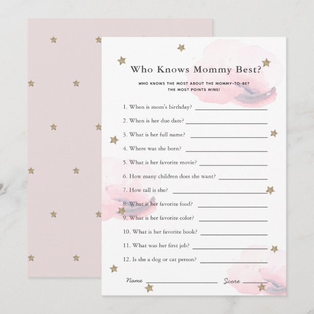Stjärnor och moln som känner Rosa av spel i Mamma Inbjudningar (Fram/baksida)