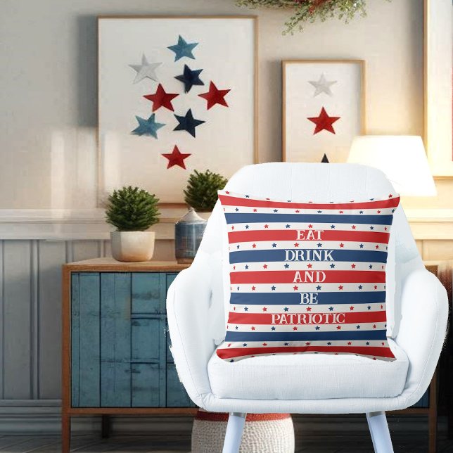 Stjärnor och Rand 4:e juli Ät dryck och kändisar Kudde (Stars & Stripes 4th July Eat Drink & Be Patriotic Throw Pillow)
