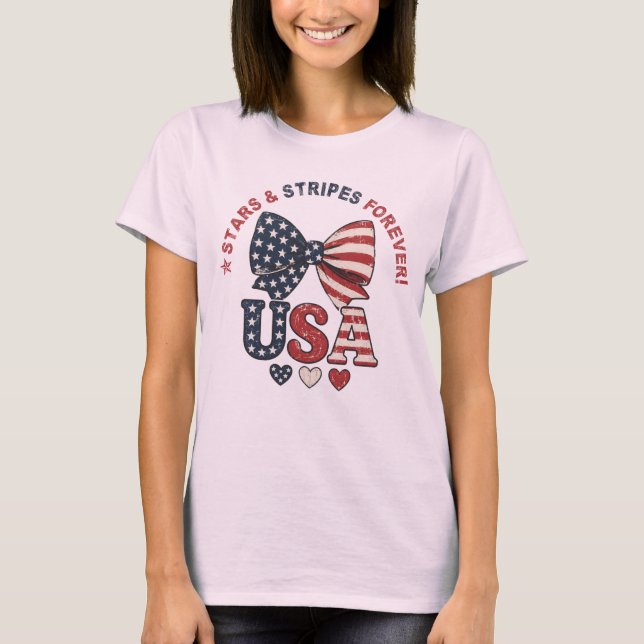 Stjärnor och ränder Bow Patriotisk fjärde juli T-S T Shirt (Framsida)