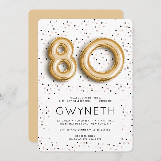 Stjärnor på guldfärgad ballong typ 80:e födelsedag inbjudningar (Fram/baksida)