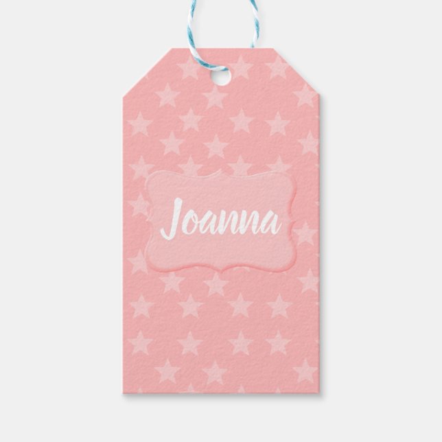 Stjärnor på Rosa Monogram eller Namn Anpassningsba Presentetikett (Framsidan)