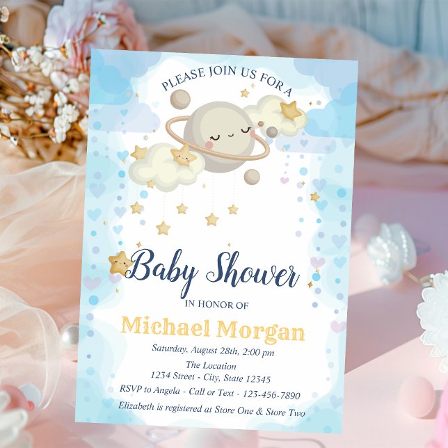 Stjärnor Planet Moln Blå Baby Shower Inbjudningar (Skapare uppladdad)