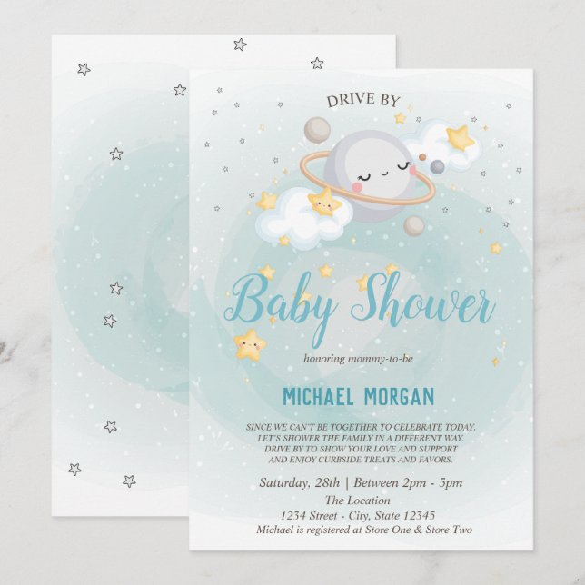 Stjärnor,Planet,Moln Drive By Baby Shower  Inbjudningar (Fram/baksida)