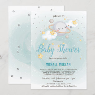 Stjärnor,Planet,Moln Drive By Baby Shower Inbjudningar