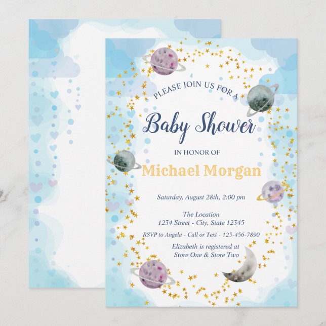 Stjärnor Planeter Blå Baby Shower  Inbjudningar (Fram/baksida)