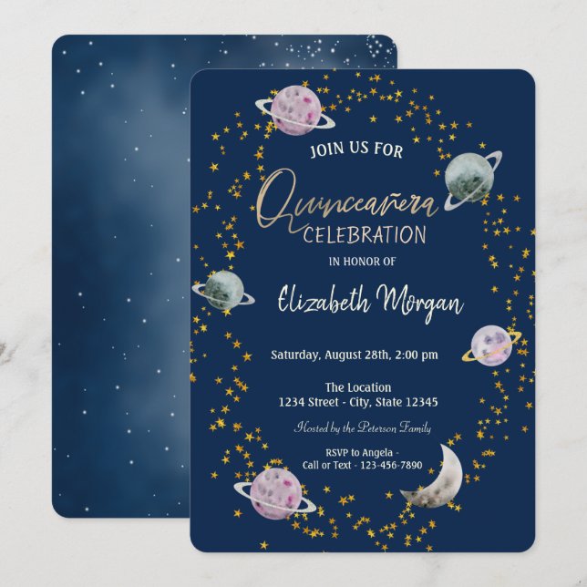 Stjärnor Planeter Galax Blå Quinceañera Inbjudningar (Fram/baksida)