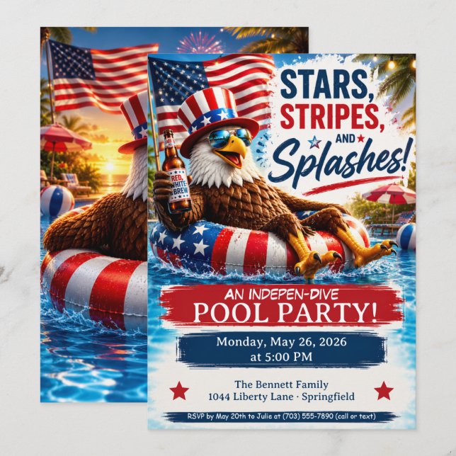 Stjärnor Ränder och Stänk 4:e Juli Poolparty Inbjudningar (Fram/baksida)