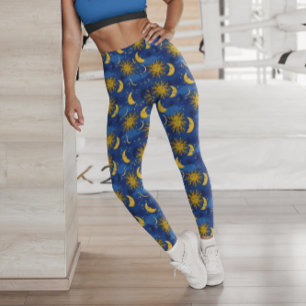 Stjärnor Sol Måne Celestial Mönster Blå Guld Leggings