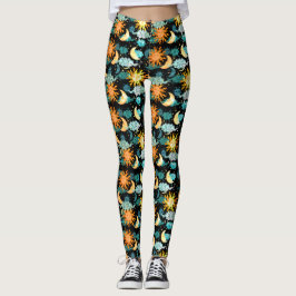 Stjärnor Sol Måne Celestial Mönster Svart Leggings