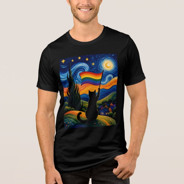 Stjärnpridd natt Katt Van Gogh stil regnbåge  T Shirt (Framsida)
