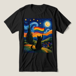Stjärnpridd natt Katt Van Gogh stil regnbåge  T Shirt