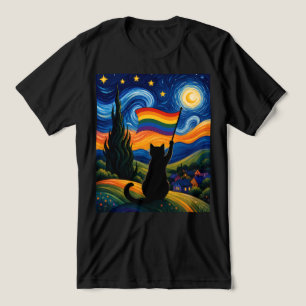 Stjärnpridd natt Katt Van Gogh stil regnbåge T Shirt