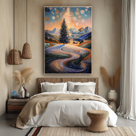 Stjärnrik vinterträd i pointillistisk stil poster
