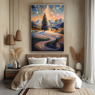 Stjärnrik vinterträd i pointillistisk stil poster