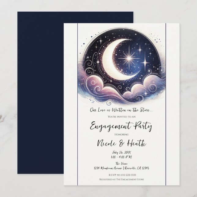 Stjärnskrift Vattenfärg Måne Förlovningsfest Inbjudningar (Fram/baksida)