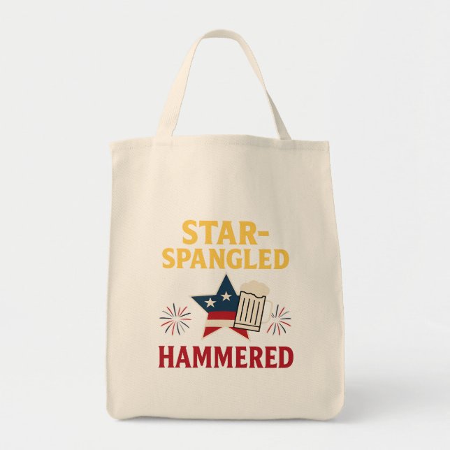 "Stjärnspäckad Hammarad T-shirt – Rolig Berusad 4: Tygkasse (Framsidan)