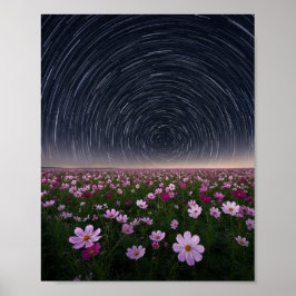 Stjärnspår Kosmos Blomsterfält Natthimmel Affisch