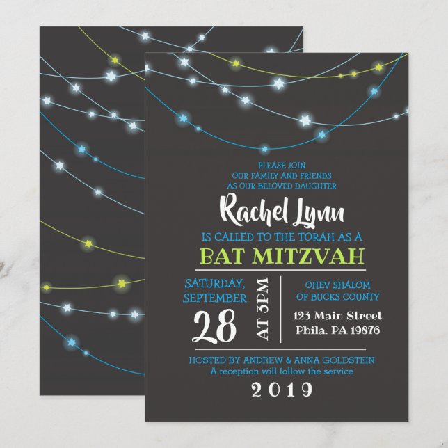 STJÄRNSTRÄNGAR Bar Bar Mitzvah-inbjudan Inbjudningar (Fram/baksida)
