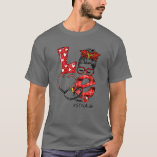 STNA Nurse Play Leopard Kärlek Heart Messy Bun RN  T Shirt