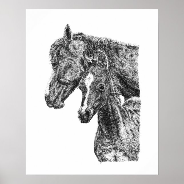 Sto och föl Pointillism Häst Hingst Fint Konstverk Poster (Framsidan)