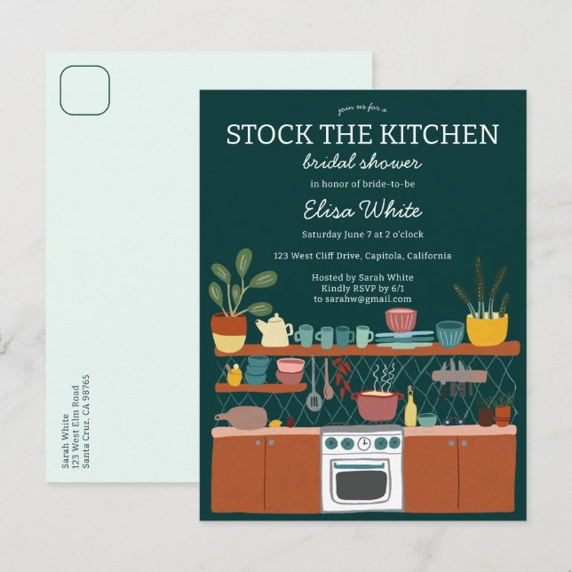STOCK THE KITCHEN Bridal Shower Cute CUSTOM Inbjudan Vykort (Fram/baksida)