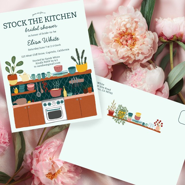 STOCK THE KITCHEN Bridal Shower Cute CUSTOM Inbjudan Vykort (STOCK THE KITCHEN Bridal Shower Cute CUSTOM Invitation Postcard
)