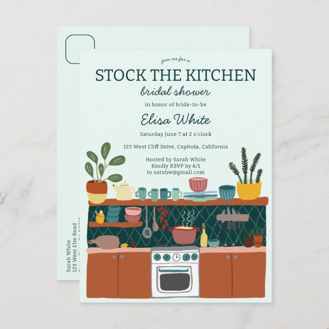STOCK THE KITCHEN Bridal Shower Cute CUSTOM Inbjudan Vykort (Fram/baksida)