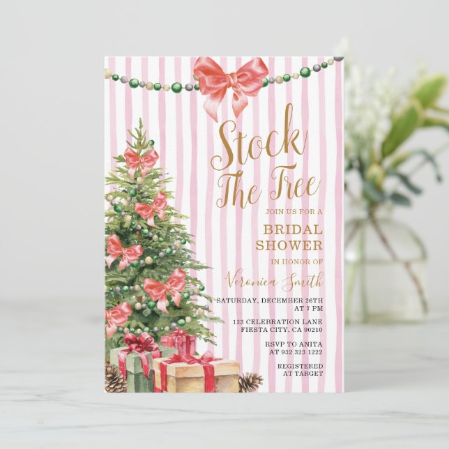 Stock The Tree Christmas Pink Bow Bridal Shower Inbjudningar (Stående Fram)