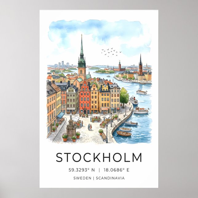 Stockholm stadsbildstryck radhus och kyrka poster (Framsidan)