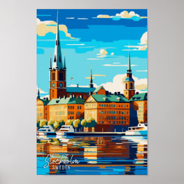 Stockholm Sverige Konst Vintage Resa Illustration Poster