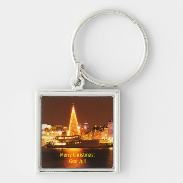 Stockholm sverige på jul på natten fyrkantig silverfärgad nyckelring (Framsidan)