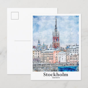 Stockholm Sverige Resa Akvarell Handritad Vykort